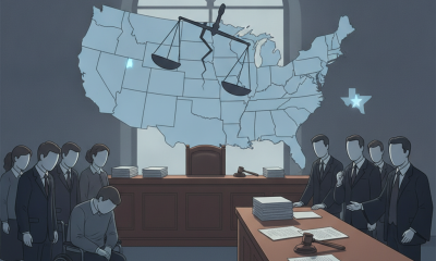 A courtroom scene depicting a person in a wheelchair surrounded by lawyers and a — disability rights rollbacks Section 504