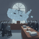 A courtroom scene depicting a person in a wheelchair surrounded by lawyers and a — disability rights rollbacks Section 504