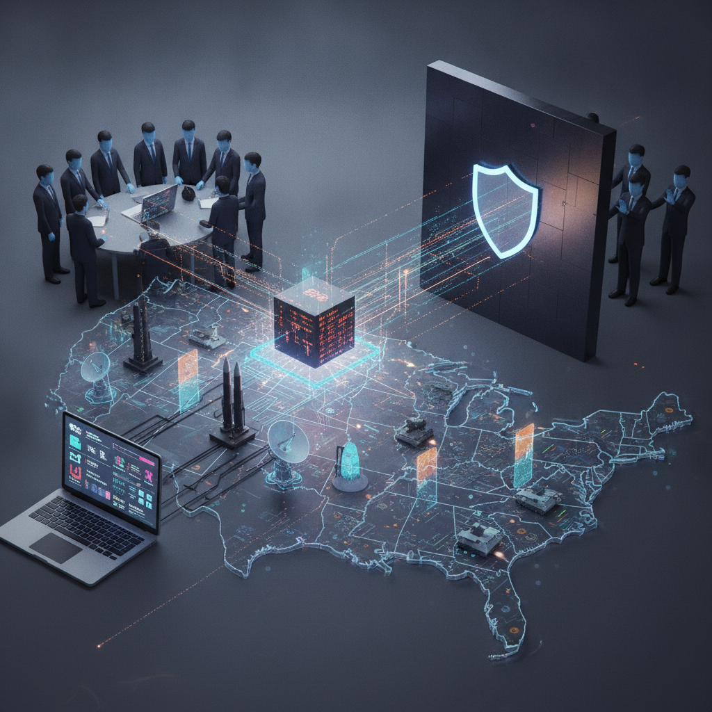 Illustrated defense cybersecurity network with a glowing shield — Blocking Foreign Cellular Modules in Defense Systems Act