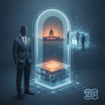 Illustration of a suited figure beside a glowing digital archive an — Foreign Government-Owned Media FARA Registration Act