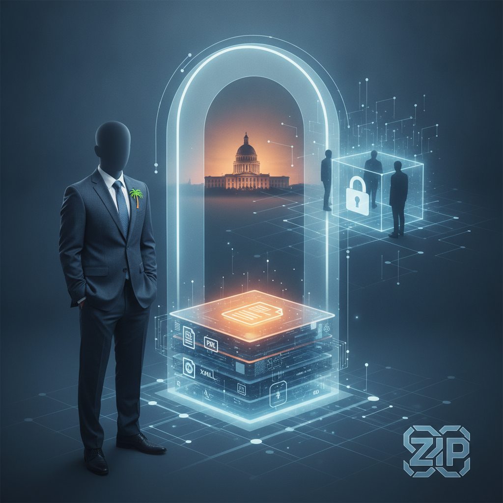 Illustration of a suited figure beside a glowing digital archive an — Foreign Government-Owned Media FARA Registration Act
