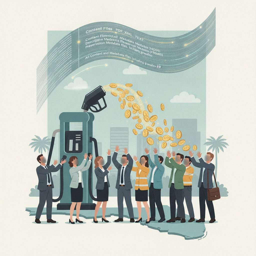 Illustration of people reaching for falling coins beside a gas pump, with the Giving Americans Savings Act of 2026 shown a…