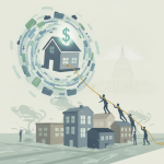 Illustration depicting a house with a dollar sign surrounded by swirling document — Disaster Loan Outreach Consistency Act
