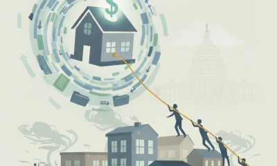 Illustration depicting a house with a dollar sign surrounded by swirling document — Disaster Loan Outreach Consistency Act