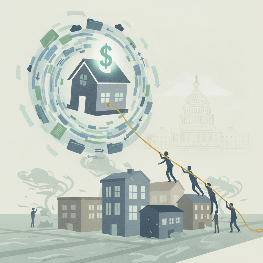 Illustration depicting a house with a dollar sign surrounded by swirling document — Disaster Loan Outreach Consistency Act