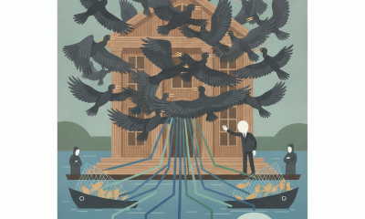 Illustration of cormorants swarming a wooden building above fishing boa — Responsible Cormorant Management and Control Act