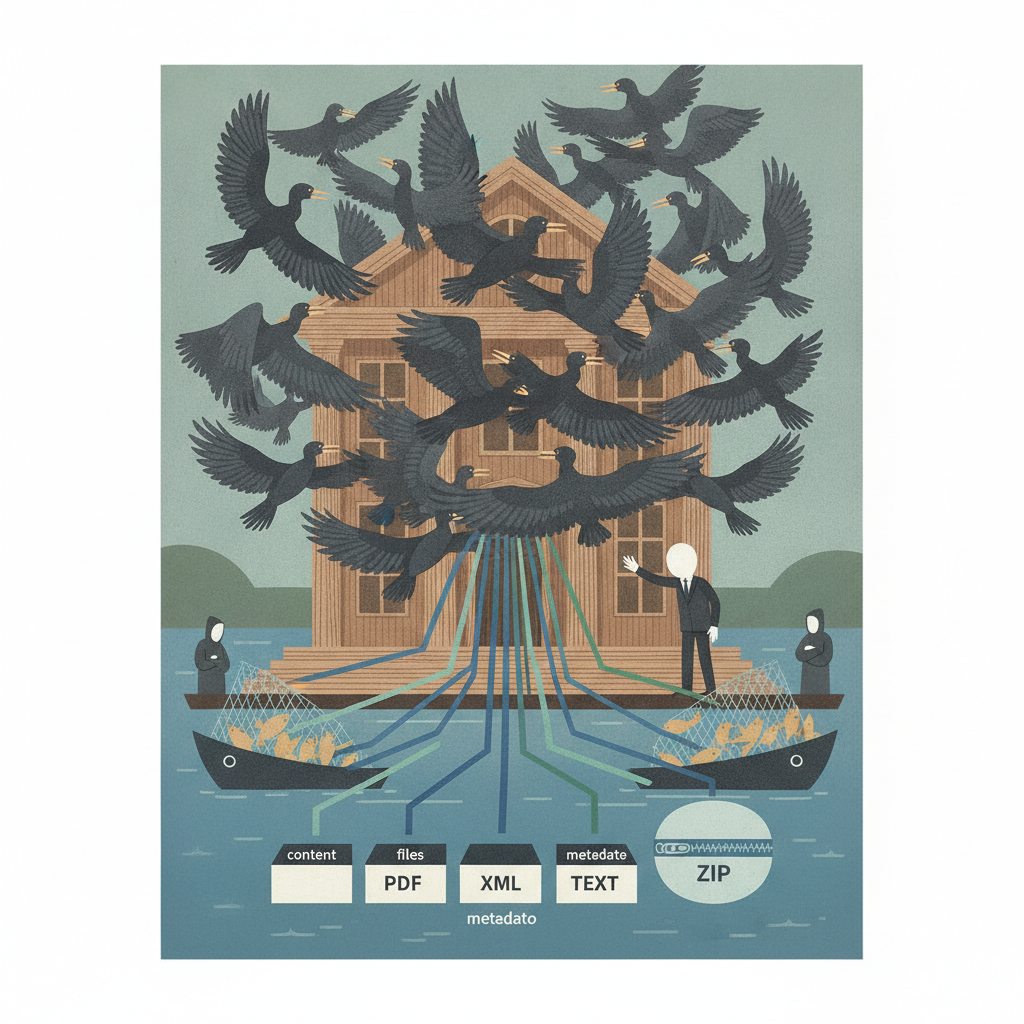 Illustration of cormorants swarming a wooden building above fishing boa — Responsible Cormorant Management and Control Act