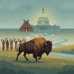 Illustration of a bison beside a river, with Tribal figures, a tipi, and the U.S. Capitol — Indian Buffalo Management Act