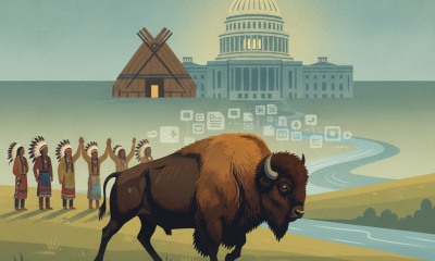 Illustration of a bison beside a river, with Tribal figures, a tipi, and the U.S. Capitol — Indian Buffalo Management Act