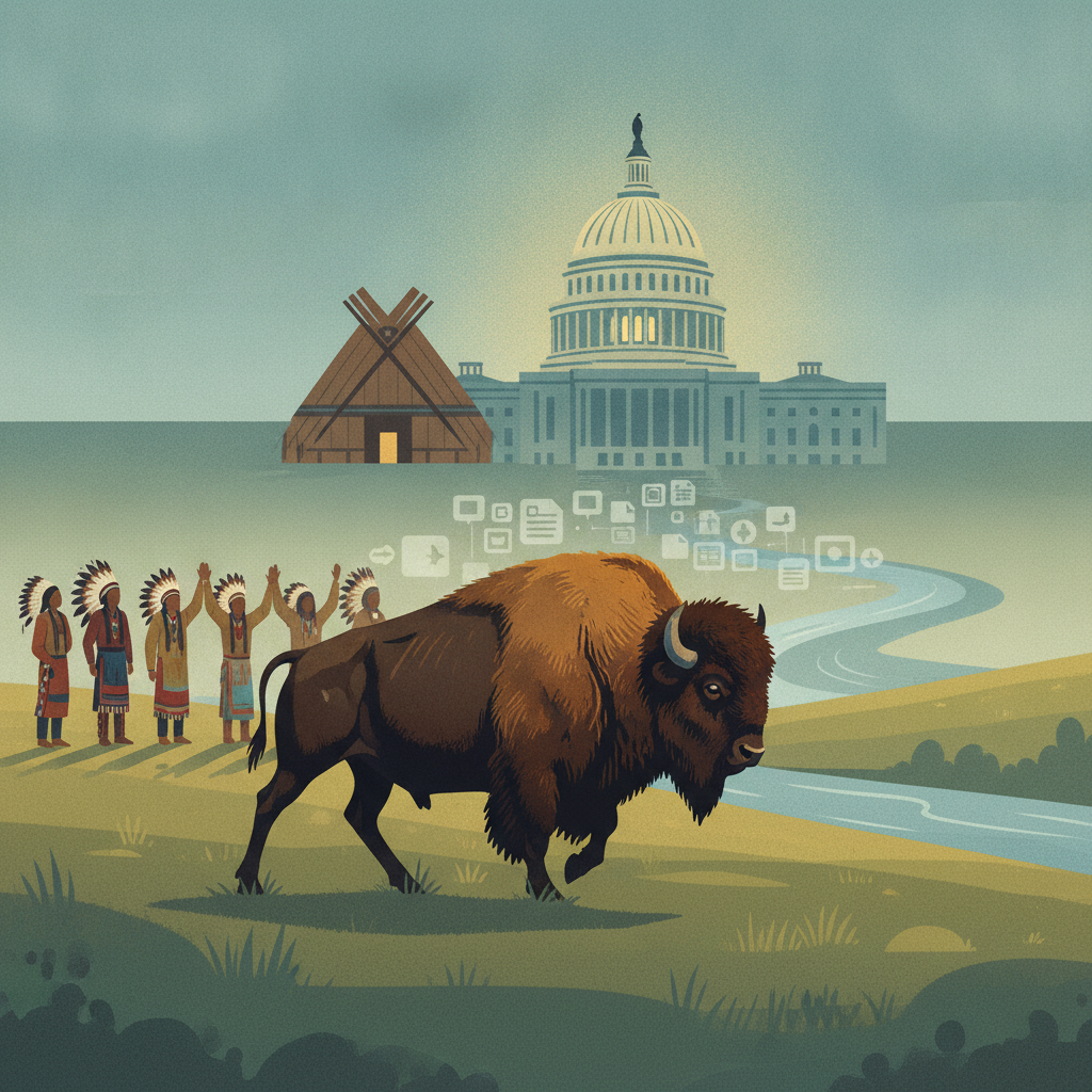 Illustration of a bison beside a river, with Tribal figures, a tipi, and the U.S. Capitol — Indian Buffalo Management Act