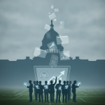Silhouetted figures holding devices in front of the Capitol building, — National Cemetery Administration Annual Report Act