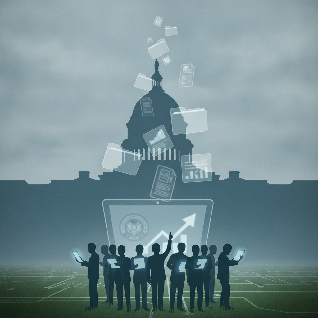Silhouetted figures holding devices in front of the Capitol building, — National Cemetery Administration Annual Report Act