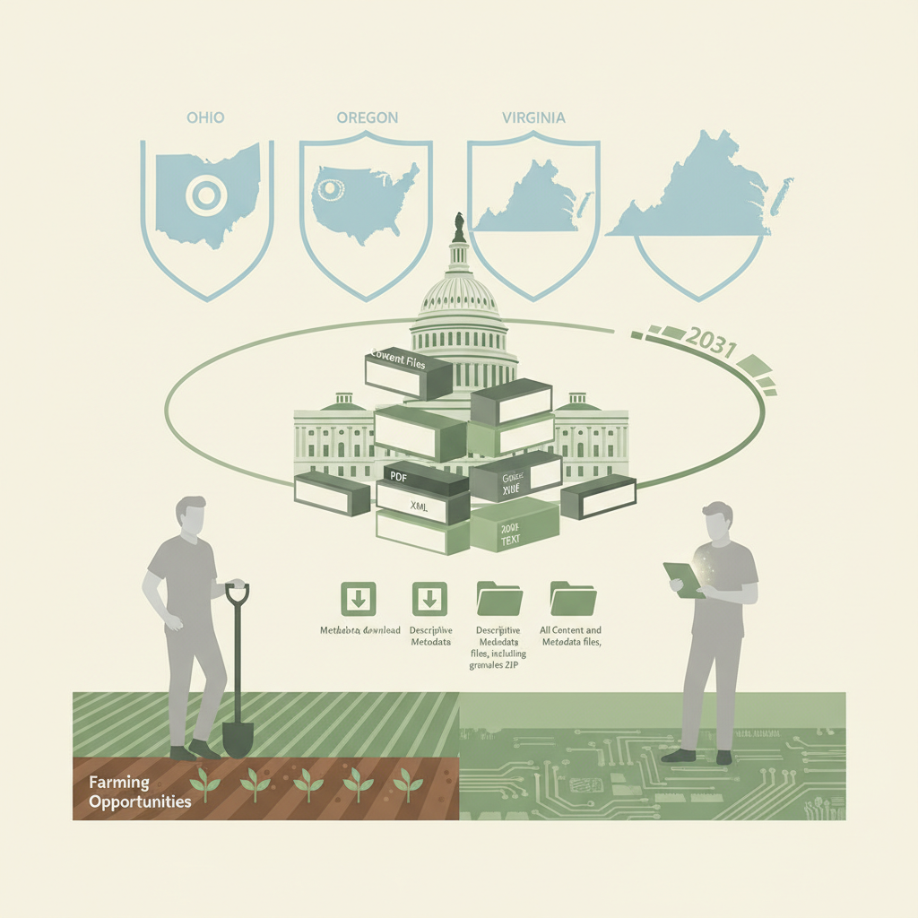 Illustration of the Farming Opportunities Training and Outreach Grant Program, with farmers, crops, Capitol, and a 2031 ti…