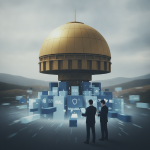 Two silhouetted figures stand in front of a large golden dome structure surrounded by — Golden Dome missile defense system