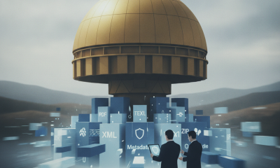 Two silhouetted figures stand in front of a large golden dome structure surrounded by — Golden Dome missile defense system