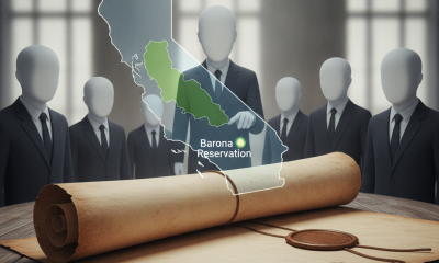 Illustration of officials reviewing a California map highlighting the Barona Reservation — Barona Group Land Transfer Act