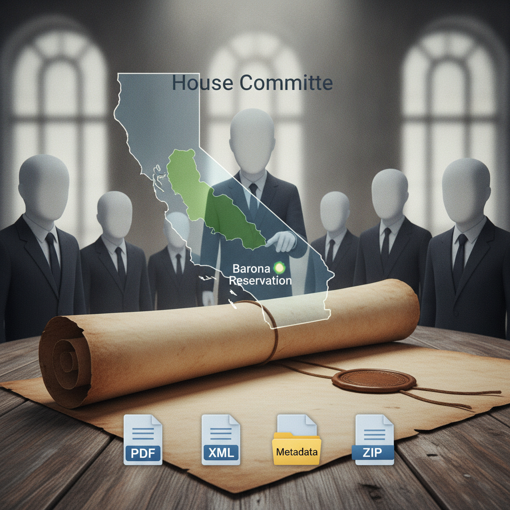 Illustration of officials reviewing a California map highlighting the Barona Reservation — Barona Group Land Transfer Act