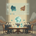 Illustrated lawmakers meet around a table beneath a map display, discussing the Earth MRI Reauthorization Act of 2026.