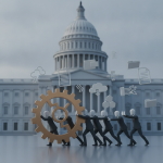 Illustration of business figures pushing a gear in front of the — 504 Modernization and Small Manufacturer Enhancement Act