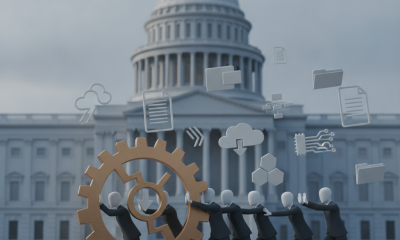 Illustration of business figures pushing a gear in front of the — 504 Modernization and Small Manufacturer Enhancement Act