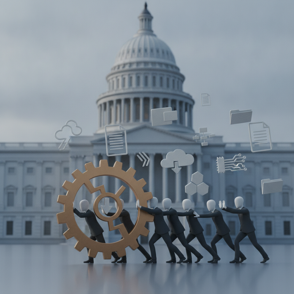 Illustration of business figures pushing a gear in front of the — 504 Modernization and Small Manufacturer Enhancement Act