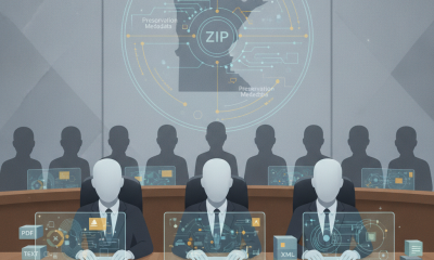 A committee meeting with three figures seated at a table, reviewing digital rep — SBIC Reporting Modernization Act of 2026