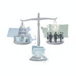 Illustration of a Capitol building and a group of workers balanced on scales, with a dollar symbo — H. Res. 1637 equal pay