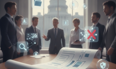 A group of lawmakers discussing the Ad-Free Means Ad-Free Act with documents and digital icons in a congressional setting.