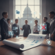 A group of lawmakers discussing the Ad-Free Means Ad-Free Act with documents and digital icons in a congressional setting.