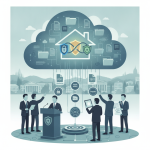 Illustration of federal officials beneath a cloud network secured by shield icons, with — Common-Sense Cloud Security Act