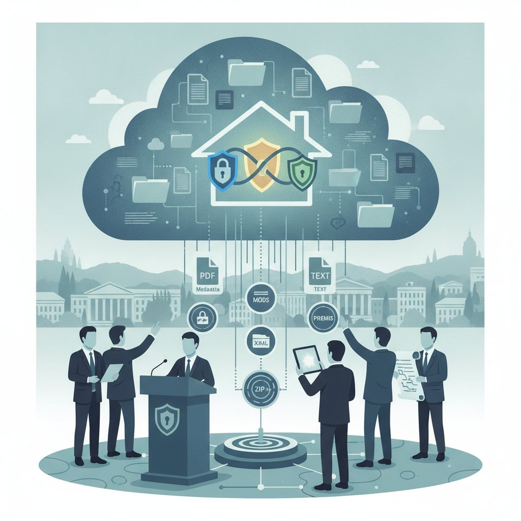 Illustration of federal officials beneath a cloud network secured by shield icons, with — Common-Sense Cloud Security Act