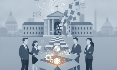 Illustration of lawmakers discussing the Beyond the Box for Higher Education Act with a box emitting symbols of education…