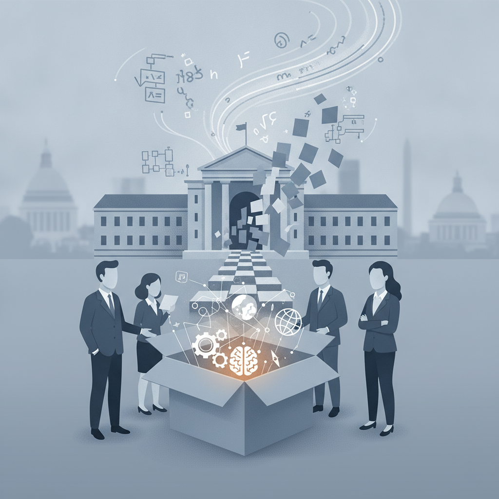 Illustration of lawmakers discussing the Beyond the Box for Higher Education Act with a box emitting symbols of education…