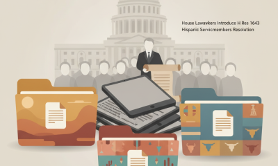 H Res 1643 Hispanic servicemembers resolution illustrated with lawmakers, the Capitol, documents, and digital records.