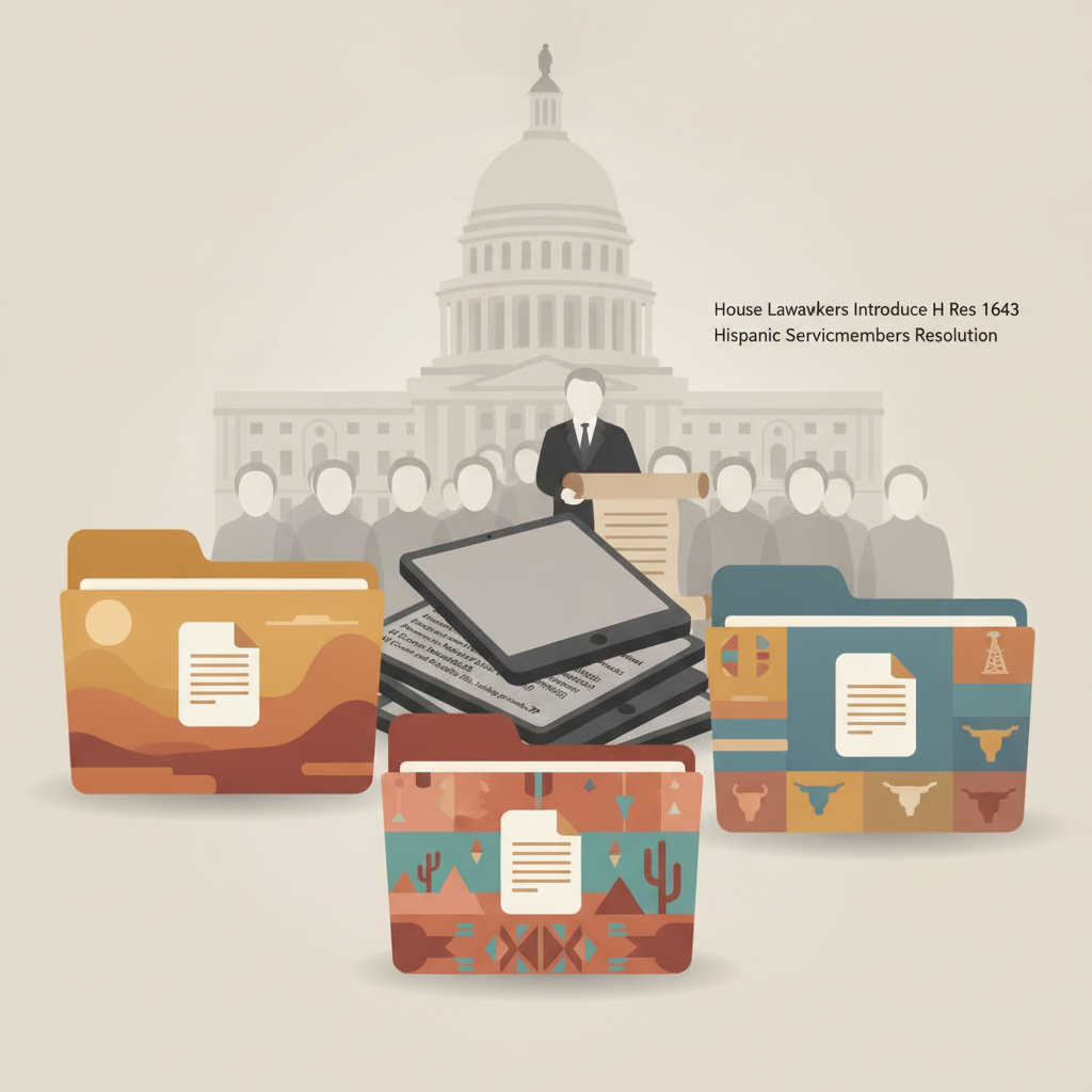 H Res 1643 Hispanic servicemembers resolution illustrated with lawmakers, the Capitol, documents, and digital records.