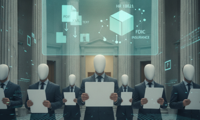 Group of faceless lawmakers in suits holding documents related to HR 10821 FDIC Insurance in a grand hall.