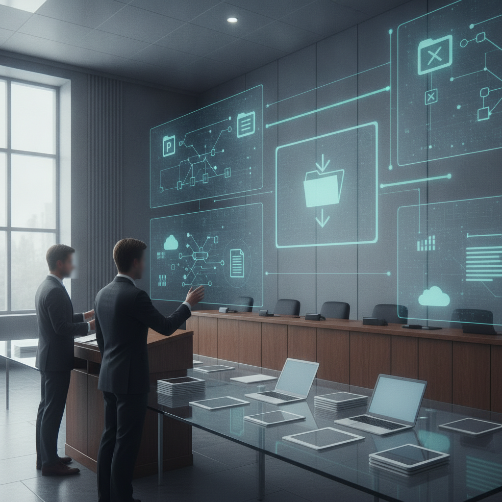 Two people review digital health data displays in a conference room, illustrating the SCREENS Act HR 10850.