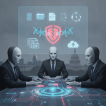 Masked figures in suits examine a glowing digital interface beneath a cybersecurity shield, illu — Stop Beijing's Bots Act