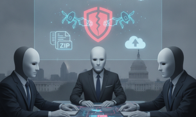 Masked figures in suits examine a glowing digital interface beneath a cybersecurity shield, illu — Stop Beijing's Bots Act
