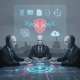 Masked figures in suits examine a glowing digital interface beneath a cybersecurity shield, illu — Stop Beijing's Bots Act