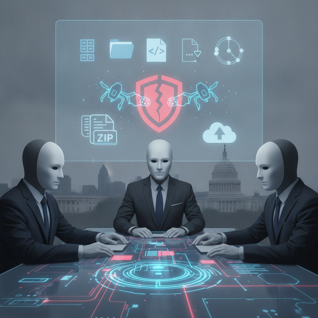 Masked figures in suits examine a glowing digital interface beneath a cybersecurity shield, illu — Stop Beijing's Bots Act