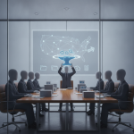 A business meeting with faceless figures around a table, and a holographic display — Reshoring American Manufacturing Act