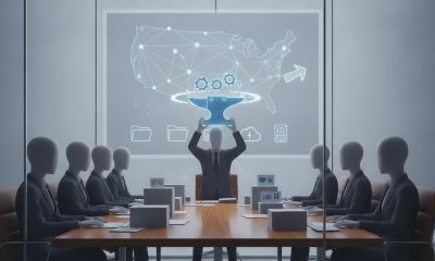 A business meeting with faceless figures around a table, and a holographic display — Reshoring American Manufacturing Act