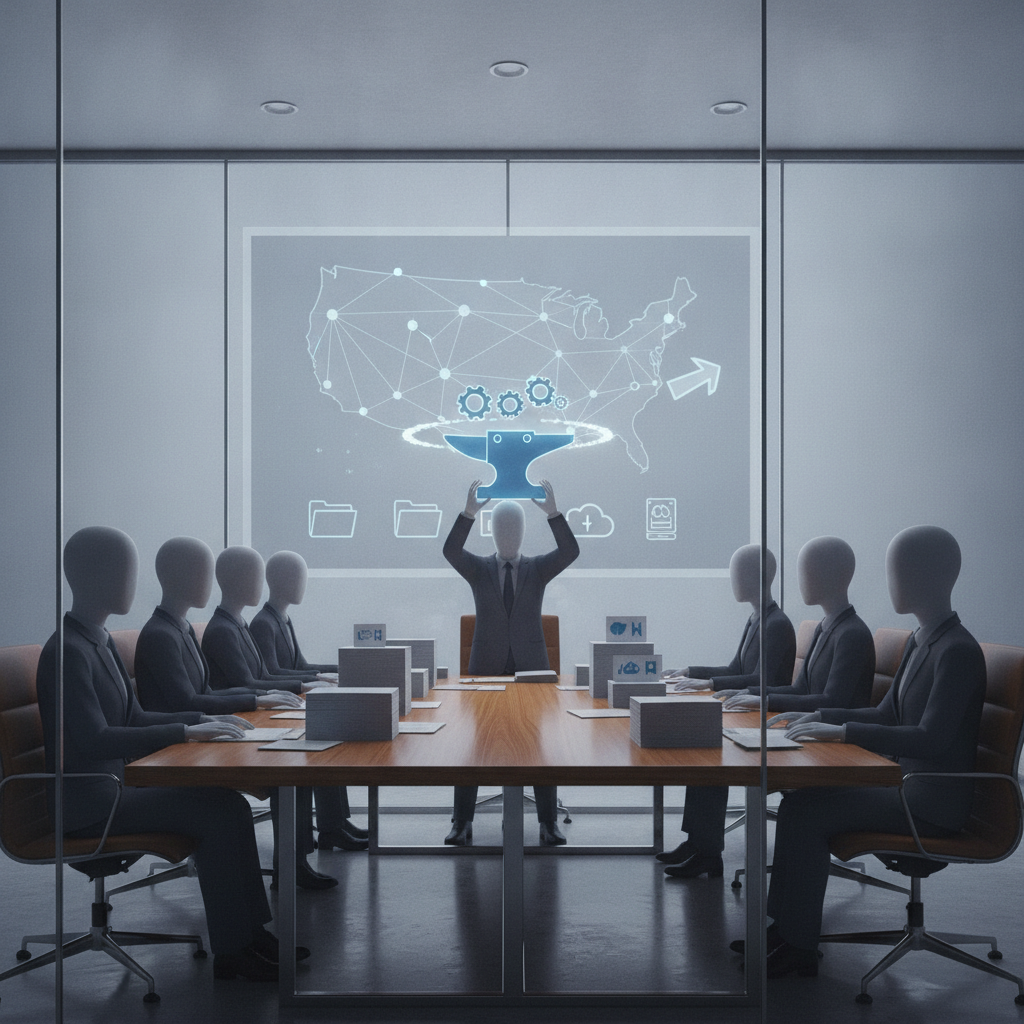 A business meeting with faceless figures around a table, and a holographic display — Reshoring American Manufacturing Act