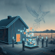 Illustration of a Socorro Vet Center Act document archive beside a clinic, with people and a soaring bird emblem.
