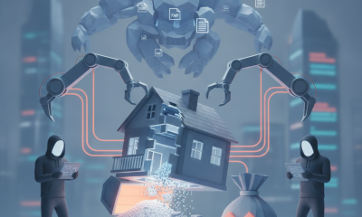 H Res 1642 AI bailouts illustration shows a robotic cloud looming over a collapsing house, data files, and a money bag mar…
