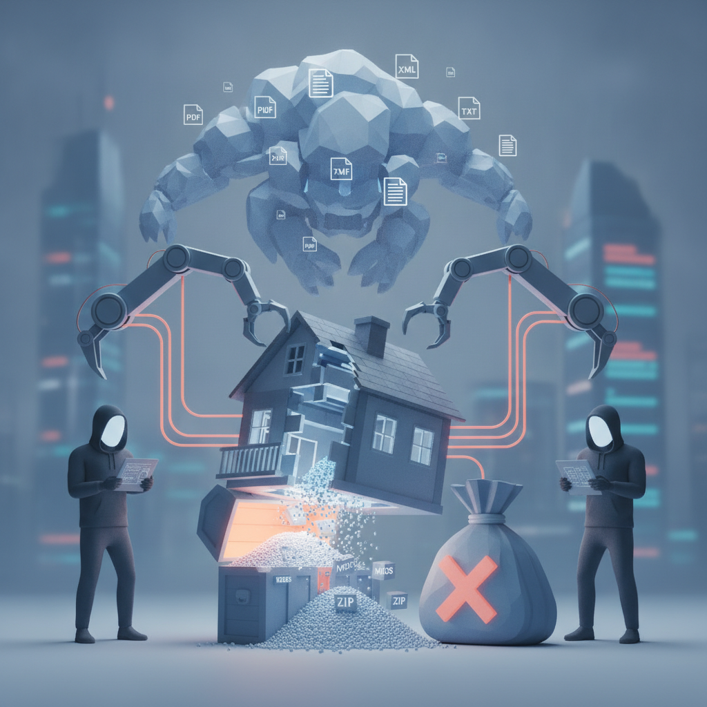 H Res 1642 AI bailouts illustration shows a robotic cloud looming over a collapsing house, data files, and a money bag mar…
