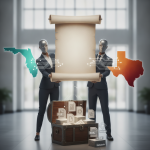 Two suited figures hold a blank scroll above document files, with Florida and — Support Your Local Chamber of Commerce Day