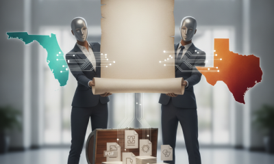 Two suited figures hold a blank scroll above document files, with Florida and — Support Your Local Chamber of Commerce Day