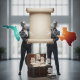 Two suited figures hold a blank scroll above document files, with Florida and — Support Your Local Chamber of Commerce Day
